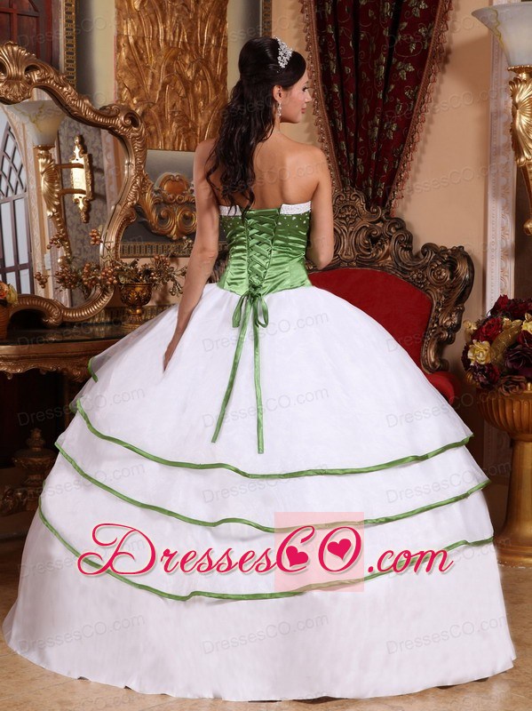 Spring Green And White Ball Gown Strapless Long Organza Embroidery Quinceanera Dress
