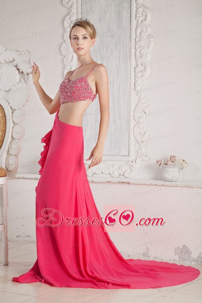 Hot Pink Prom Dress Empire Beading Straps Court Train Chiffon