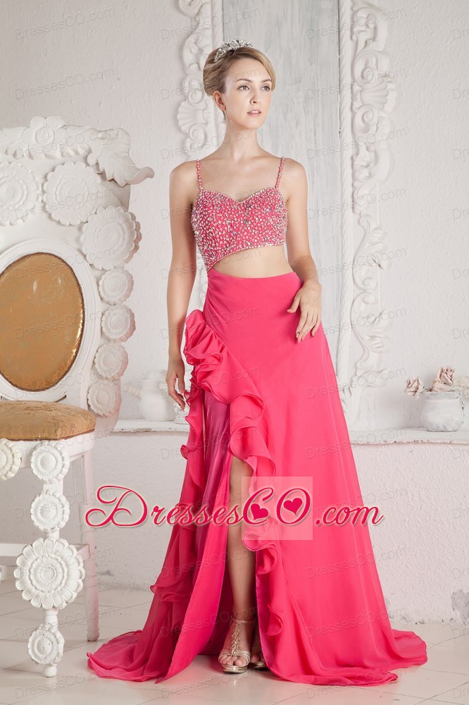 Hot Pink Prom Dress Empire Beading Straps Court Train Chiffon