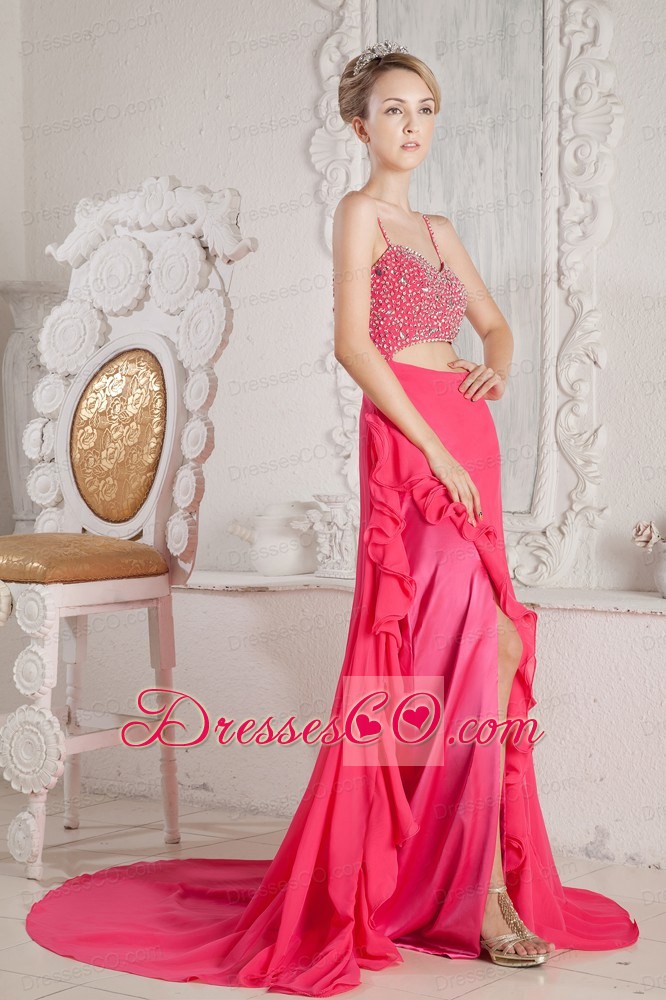 Hot Pink Prom Dress Empire Beading Straps Court Train Chiffon