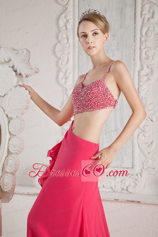 Hot Pink Prom Dress Empire Beading Straps Court Train Chiffon