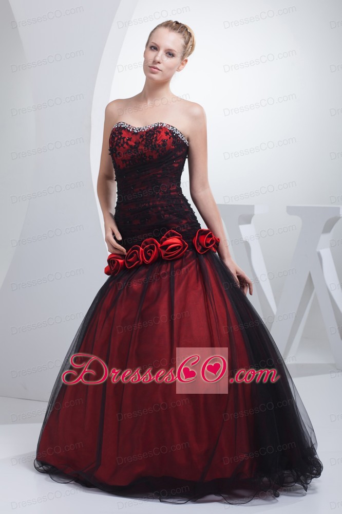 Wine Red Hand Made Flowers Beading Prom Dress