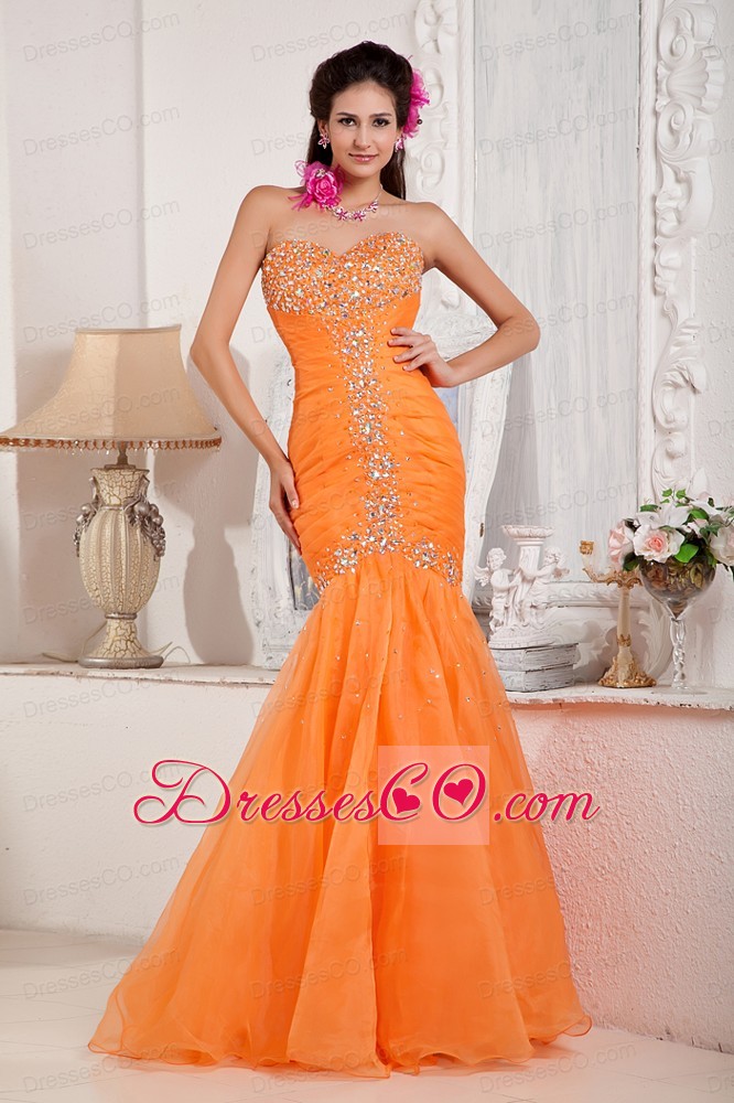 Orange Mermaid Long Organza Beading Prom Dress