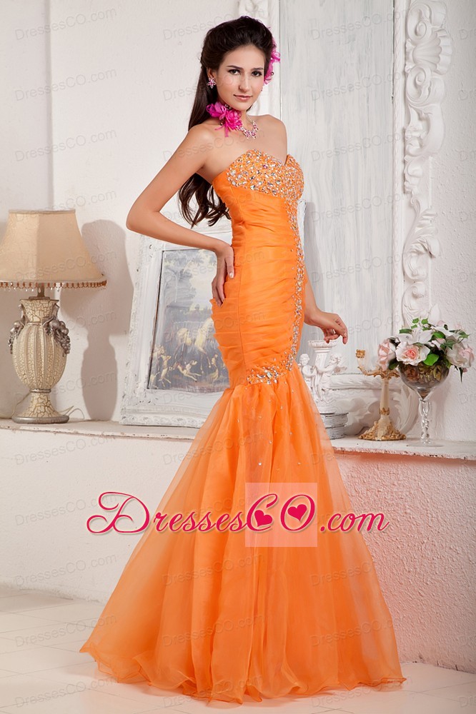 Orange Mermaid Long Organza Beading Prom Dress