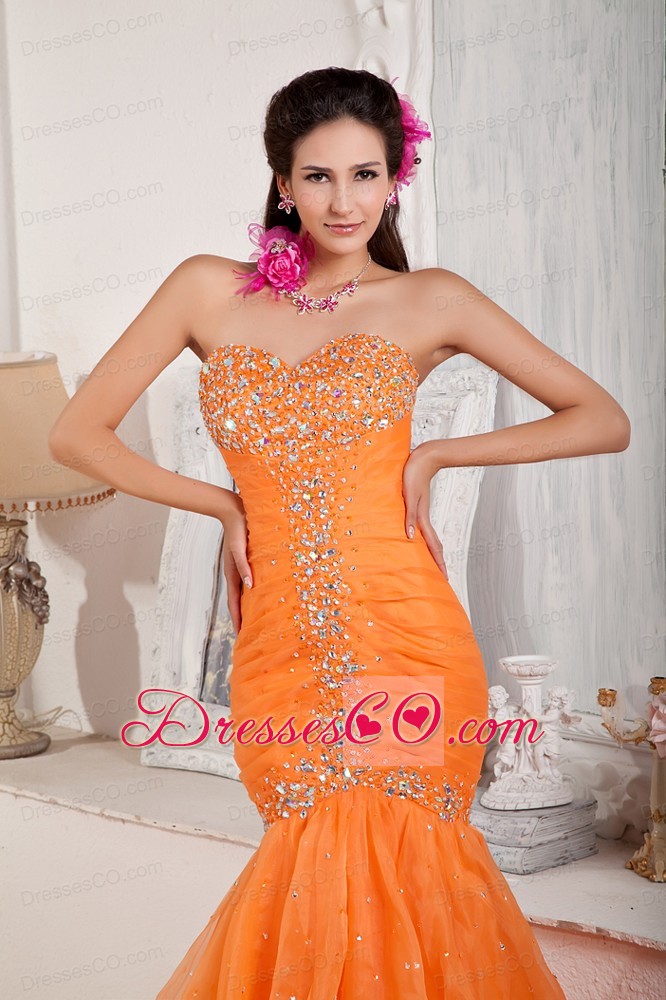 Orange Mermaid Long Organza Beading Prom Dress