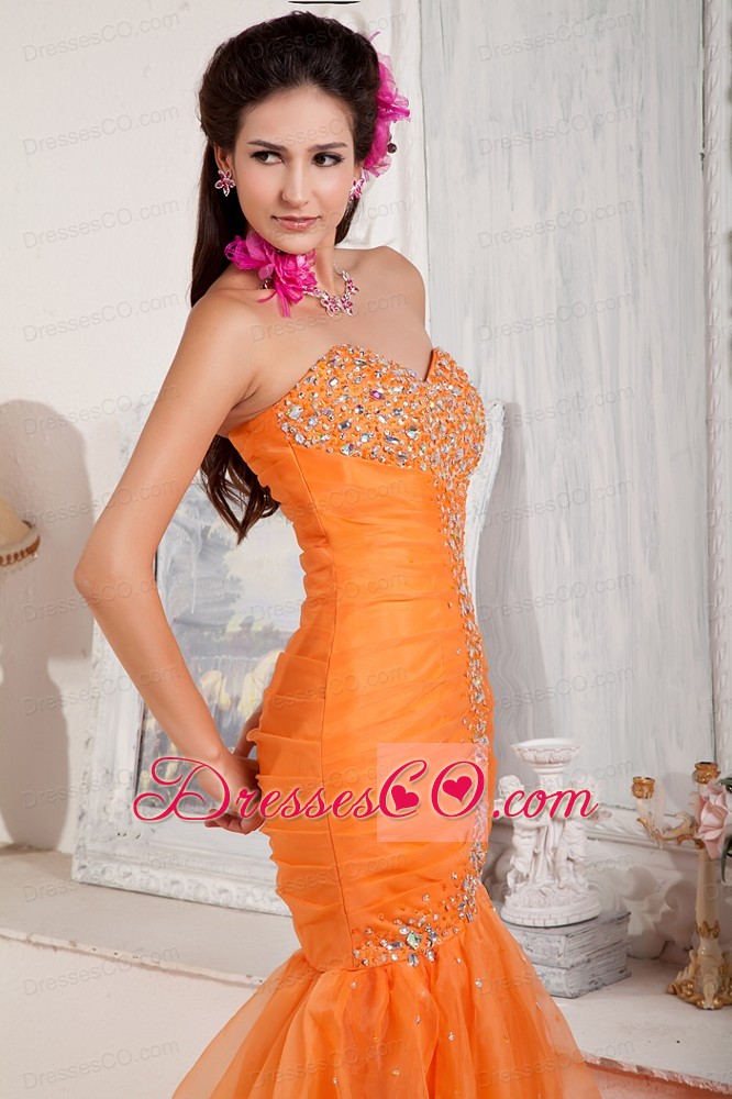 Orange Mermaid Long Organza Beading Prom Dress