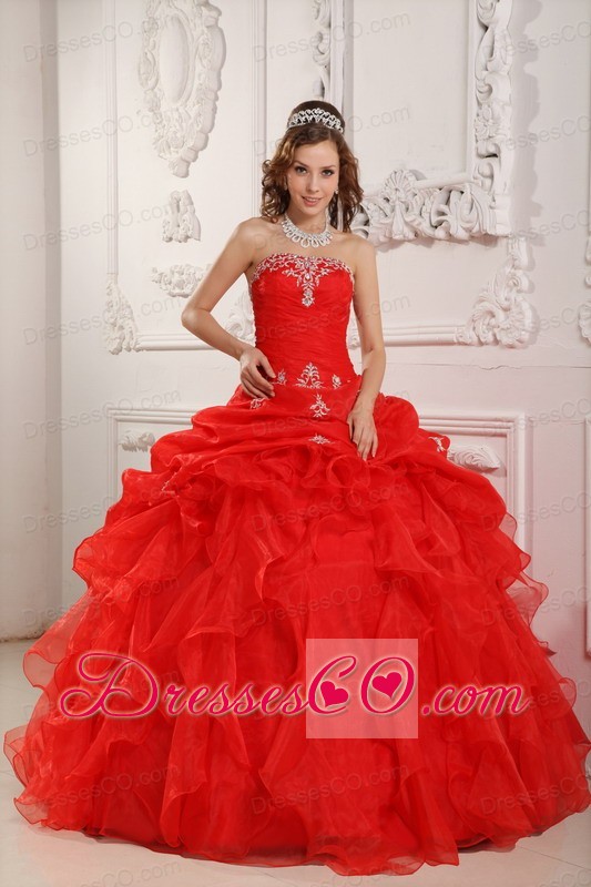 Red Ball Gown Strapless Long Organza Beading And Ruffles Quinceanera Dress