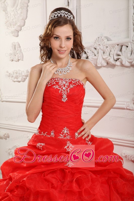 Red Ball Gown Strapless Long Organza Beading And Ruffles Quinceanera Dress