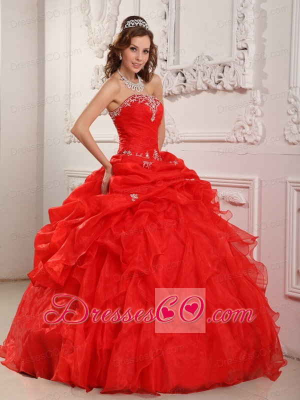 Red Ball Gown Strapless Long Organza Beading And Ruffles Quinceanera Dress