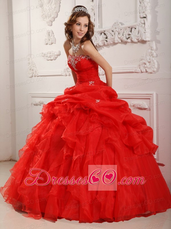 Red Ball Gown Strapless Long Organza Beading And Ruffles Quinceanera Dress