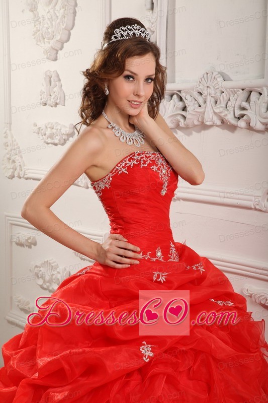 Red Ball Gown Strapless Long Organza Beading And Ruffles Quinceanera Dress