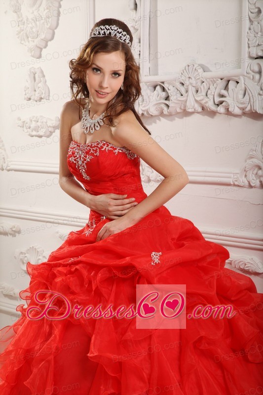 Red Ball Gown Strapless Long Organza Beading And Ruffles Quinceanera Dress