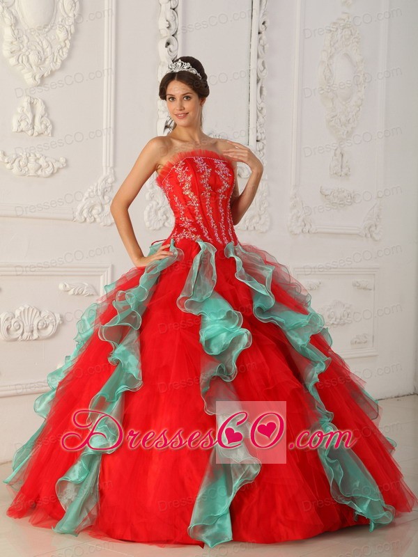 Red And Green Ball Gown Strapless Long Appliques And Beading Quinceanera Dress