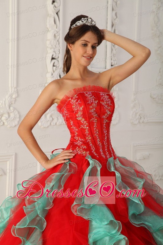 Red And Green Ball Gown Strapless Long Appliques And Beading Quinceanera Dress