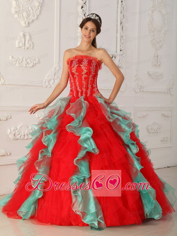 Red And Green Ball Gown Strapless Long Appliques And Beading Quinceanera Dress