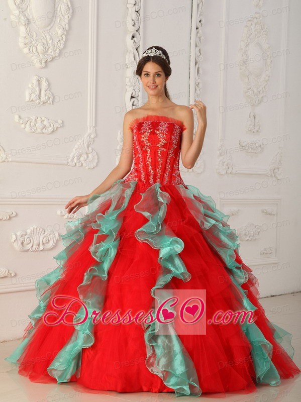 Red And Green Ball Gown Strapless Long Appliques And Beading Quinceanera Dress