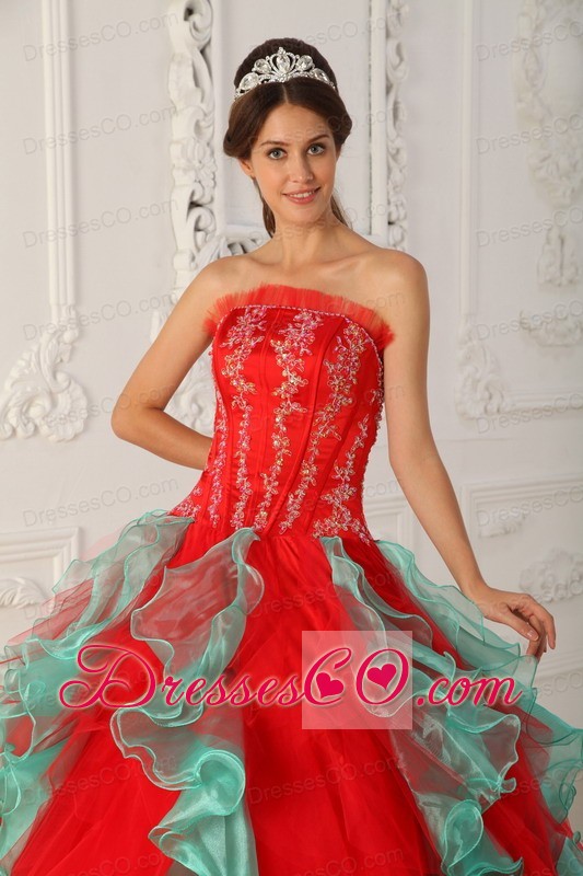 Red And Green Ball Gown Strapless Long Appliques And Beading Quinceanera Dress