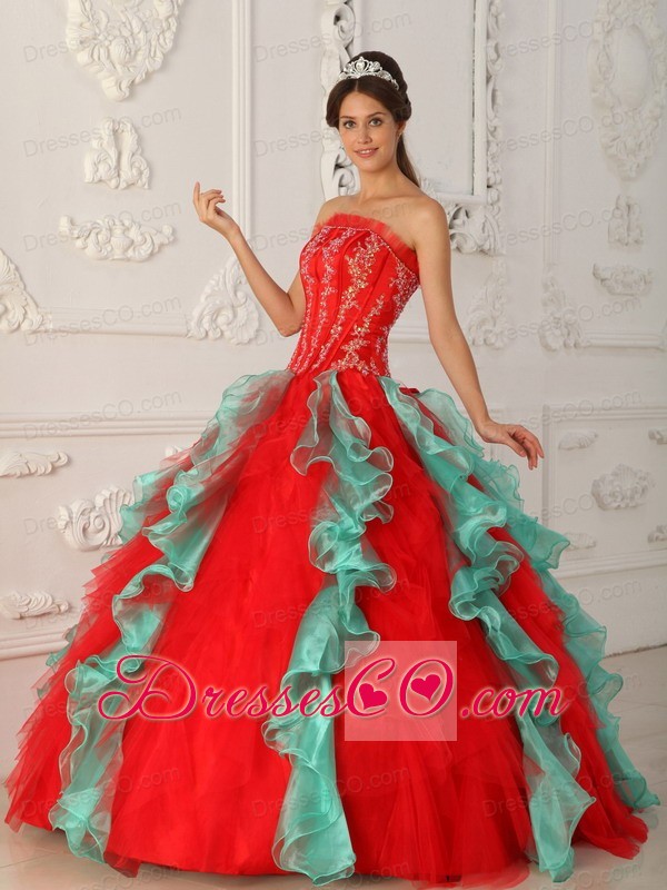 Red And Green Ball Gown Strapless Long Appliques And Beading Quinceanera Dress