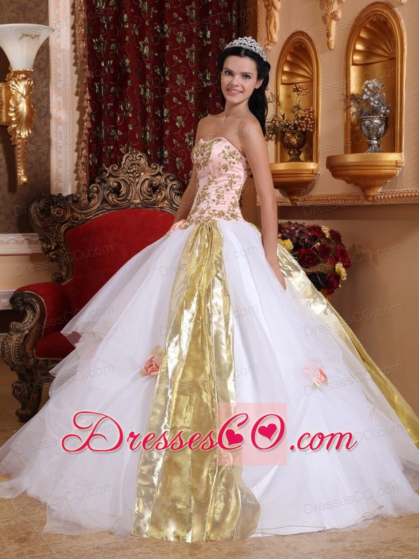 White Ball Gown Strapless Long Organza Beading And Appliques Quinceanera Dress