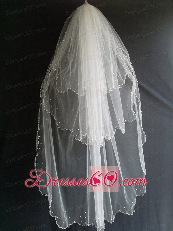 Beading Decorate Tulle Three Layers Graceful Wedding Veil