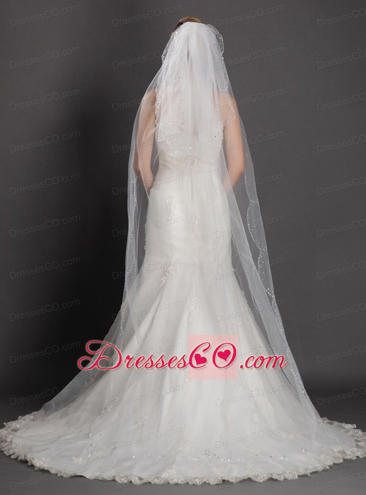 Two-tier Tulle With Pearls Fingertip Veil